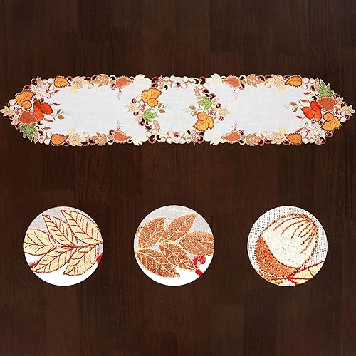 Miniatura 3 de Grelucgo Camino de mesa bordado de hojas de arce para otoño, otoño, Acción de Gracias (14 x 70 pulgadas)
