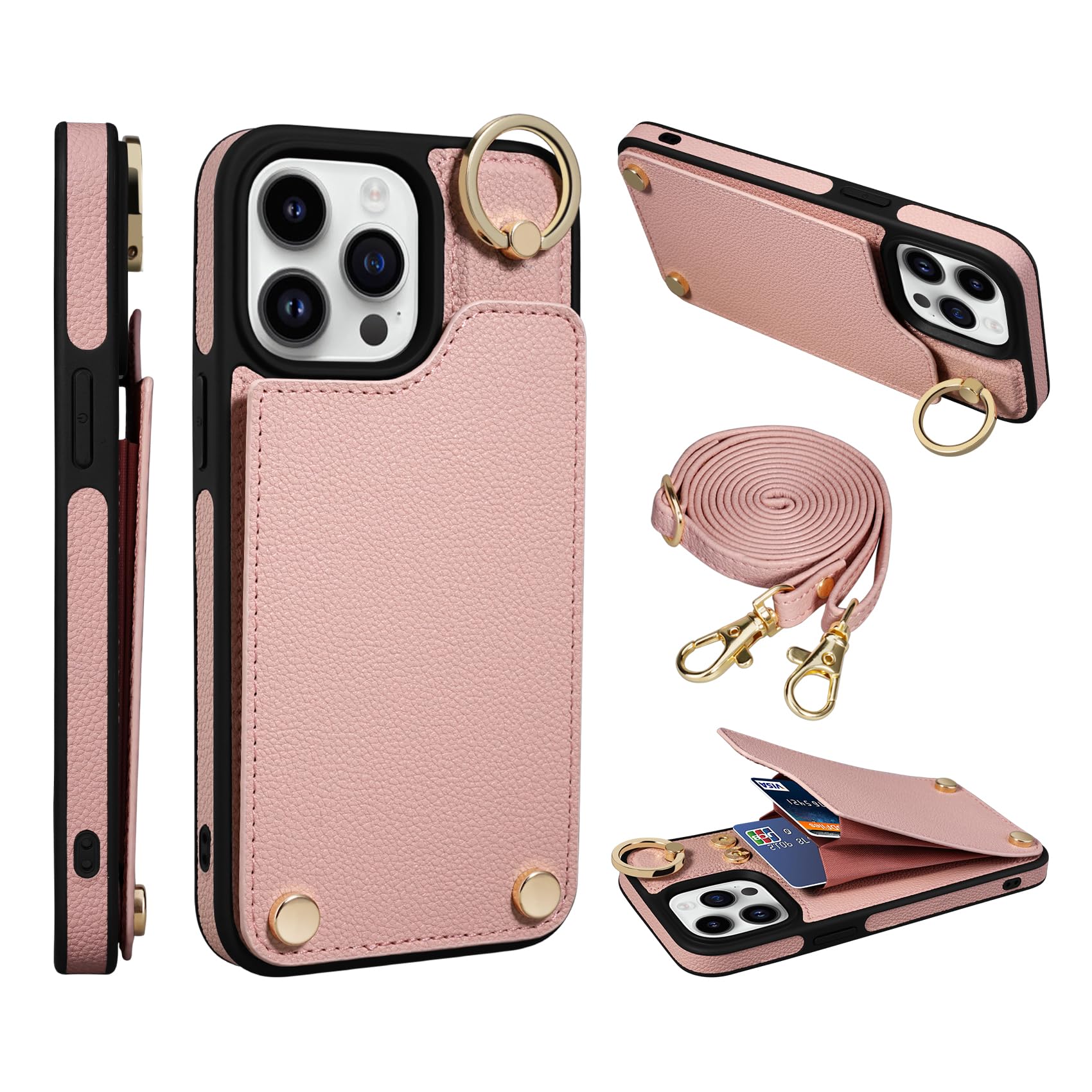 RssvissCase for iPhone 14 Pro Max Crossbody, Luxury Leather Flip Wallet Case with Card Slots, Ring Holder Kickstand, RFID Blocking Protective Cover Designed for iPhone 14 Pro Max 6.7 inch Pink