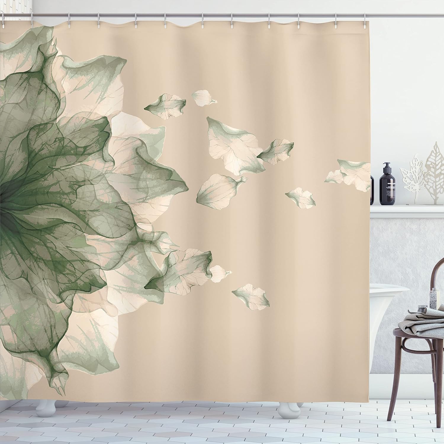 Ambesonne Flower Shower Curtain, Abstract Themed Modern Futuristic Image with Water Like Colored Artwork Print, Cloth Fabric Bathroom Decor Set with Hooks, 69" W x 70" L, Sage Green