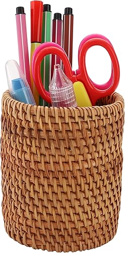 Miniatura 5 de Okllen Paquete de 2 soportes para lápices de ratán, hecho a mano, soporte de mimbre para brochas de maquillaje, organizador de escritorio tejido de