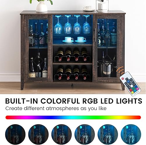 Miniatura 6 de IDEALHOUSE Armario de bar de vinos con luz LED, gabinete de café para el hogar con estante para vino y vidrio, aparador de cocina con
