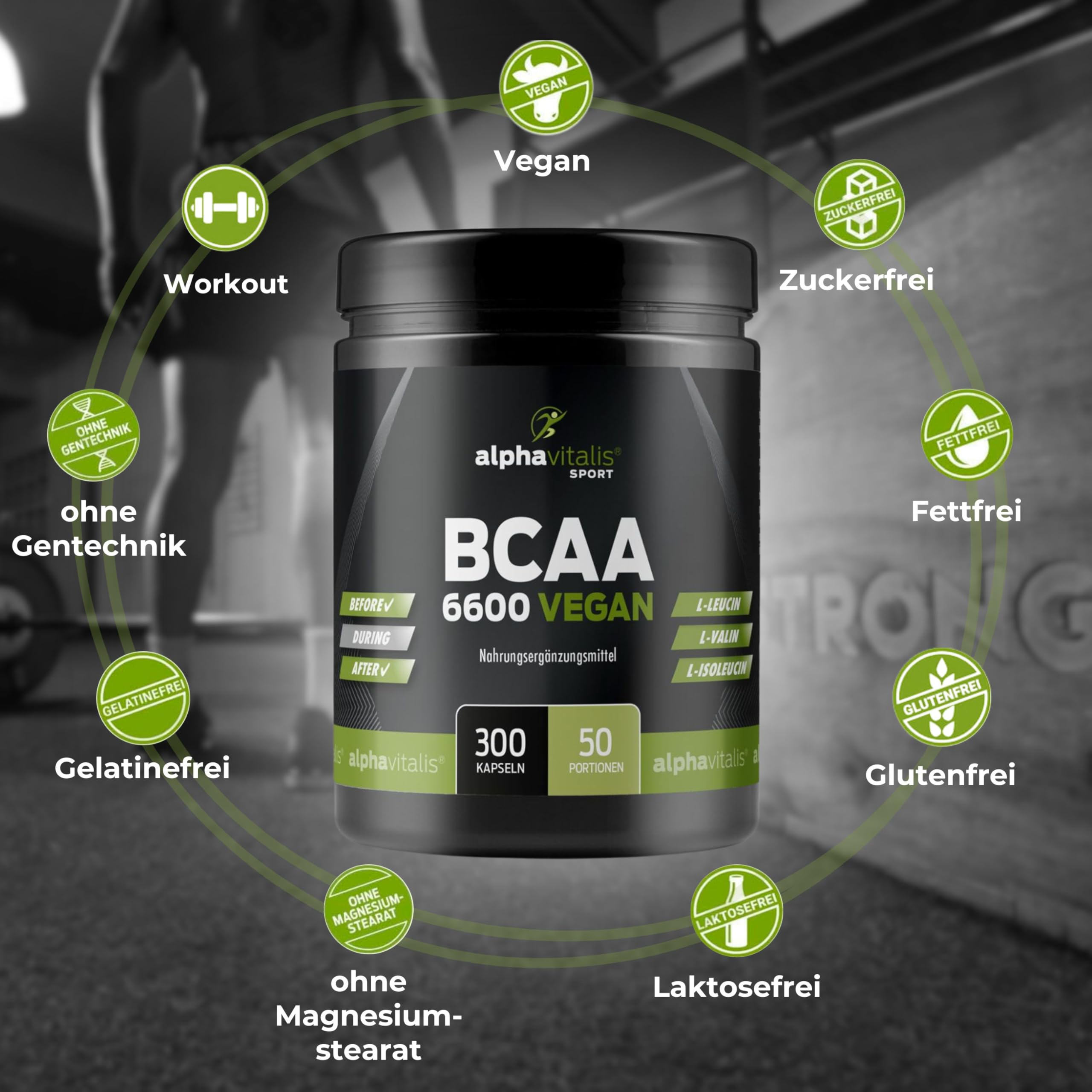 BCAA Kapseln optimal dosiert 300 Stk. - 1100 mg essentielle Aminosäuren + Vitamin B6 pro Stück - vegan, fermentiert und ohne Magnesiumstearat - L-Leucin, L-Valin, L-Isoleucin für Sportler