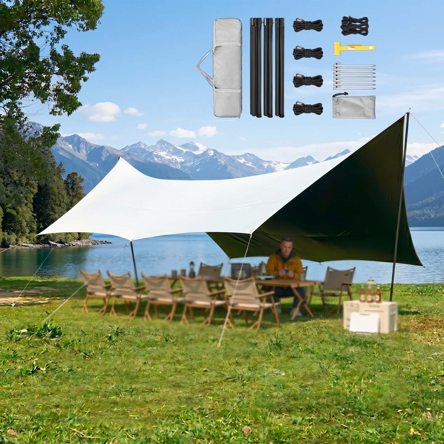 Large Waterproof Tent Canopy, 4.4x4.5m Camping Tarp Shelter With 2 Poles, Portable Outdoor Sun Shade Awning, Heavy Duty Rain Cover For Park Picnic(Gold,4.4x4.5m)
