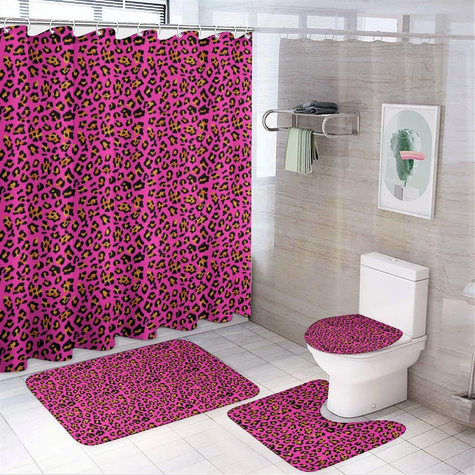 JiuPopular Bathroom Mat Set 4 Piece, Pink Cheetah Print Shower Curtain with Non-Slip Bath Mats for Bathroom