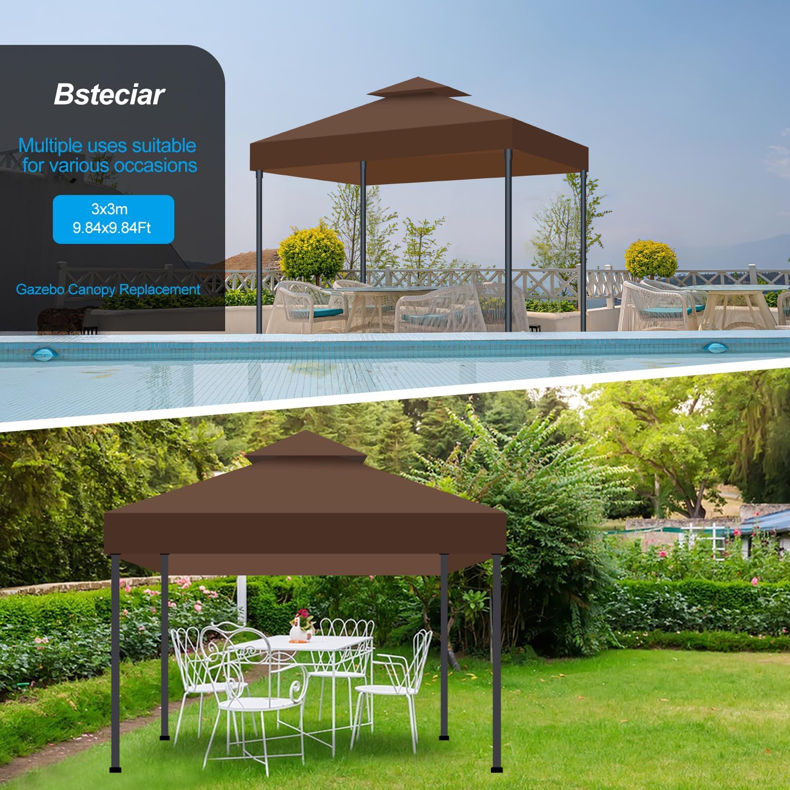 Toit de Remplacement pour Tonnelle 3x3m Imperméable et Protection Solaire, Double Ventilation Toile de Rechange pour Pavillon pour Jardin, Camping et Terrasse (Marron)