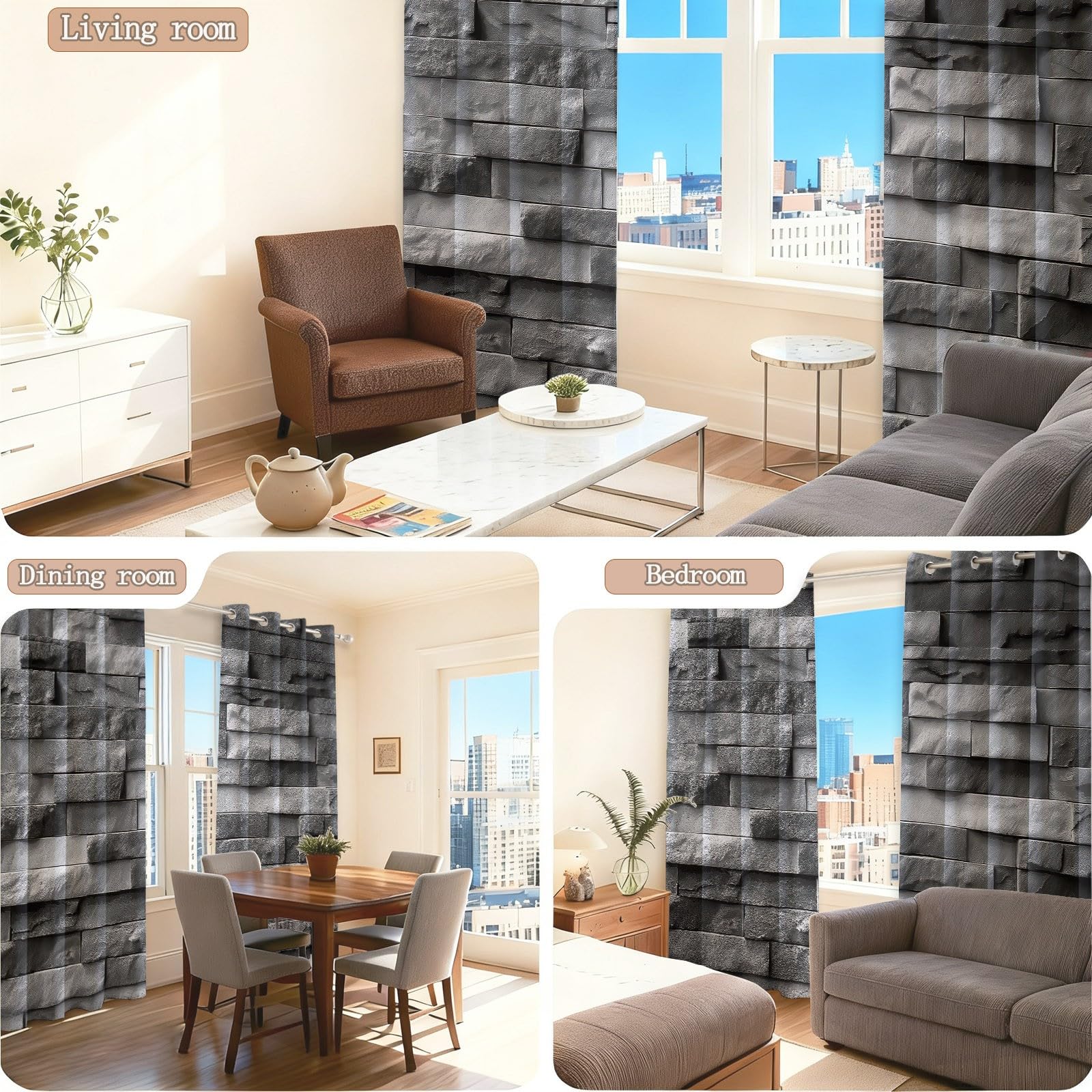 Vorhänge Blickdicht Verdunkelungsvorhang mit Ösen Gardinen, Industriell Modern Grau Steinwand Quadrate Textur Thermovorhang Vorhang Fensterschal für Wohnzimmer Schlafzimmer, 2er Set H 200 x B 70 cm