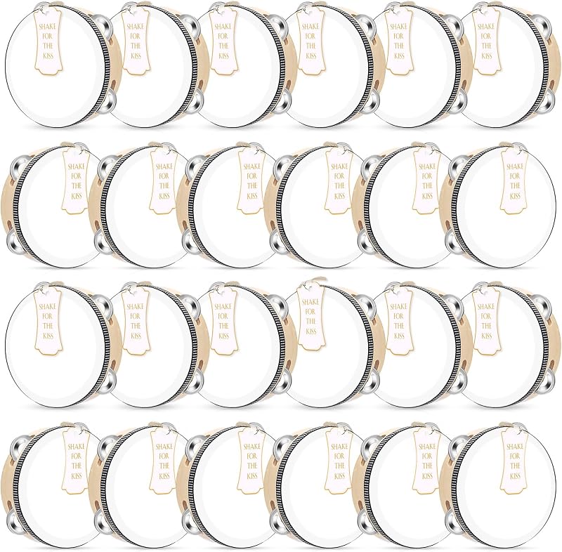 Juego de 24 panderetas de 6 pulgadas para adultos, tambor de mano de madera con cascabeles de metal, etiquetas de regalo, cinta blanca con texto en inglés "I Love You", regalo de percusión, instrumento musical para recuerdo de fiesta de boda en la iglesia (negro)