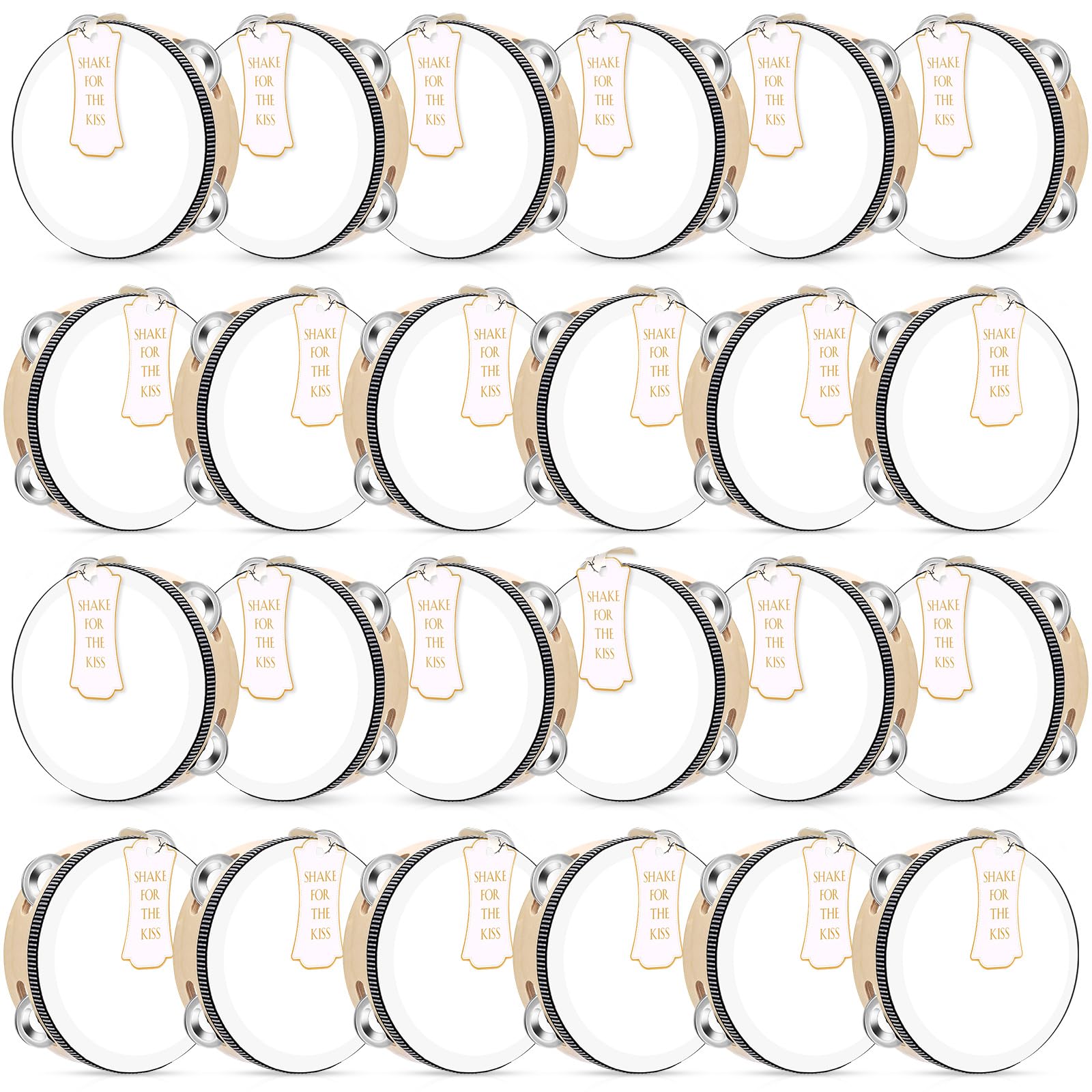 Set di 24 tamburelli da 15,2 cm per adulti, in legno, con sonagli in metallo, etichette regalo, nastro bianco stampato con scritta "I Love You", strumento musicale per chiesa, matrimoni,
