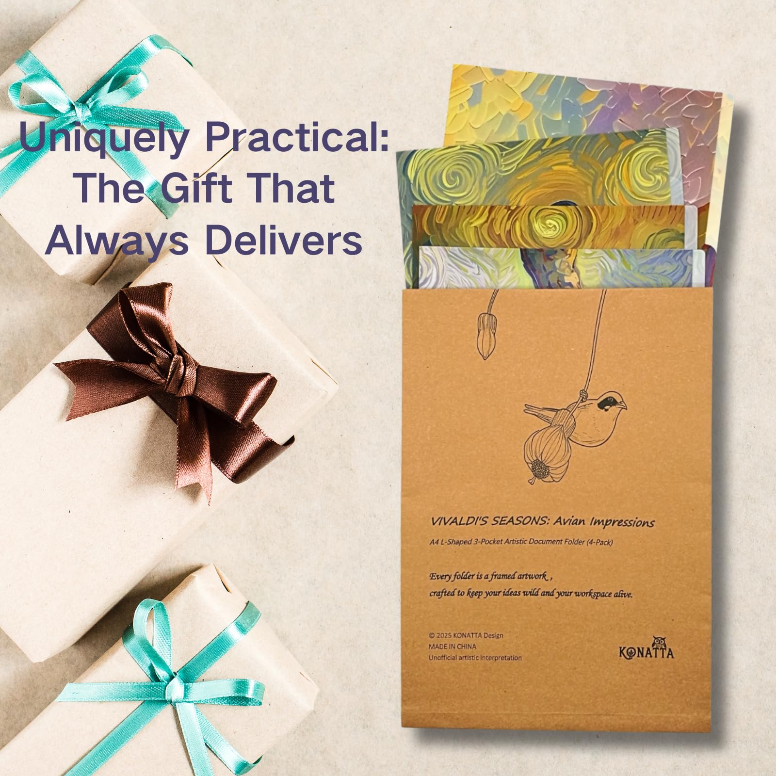 VIVALDI'S Seasons: Avian Impressions - Carpeta de documentos artísticos con 3 bolsillos en forma de L (4 unidades) | Diseño de pintura al óleo de pájaros impermeable | Embalaje artístico personalizado