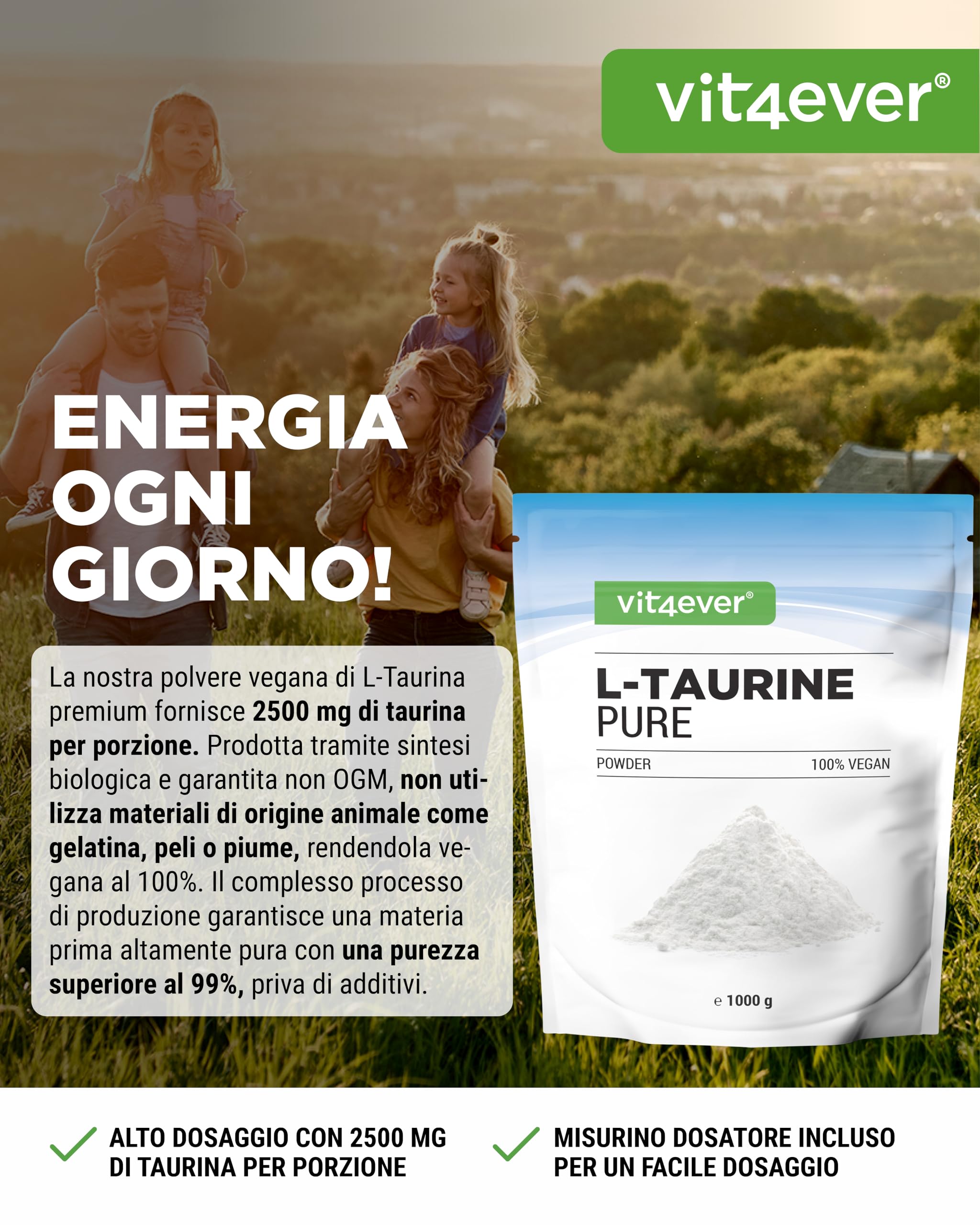 Polvere Di Taurina Pura 1kg - Vit4ever, 99% Pura, Vegana, Con Vitamina B6, Ideale Per Sport E Benessere, Oltre 400 Porzioni