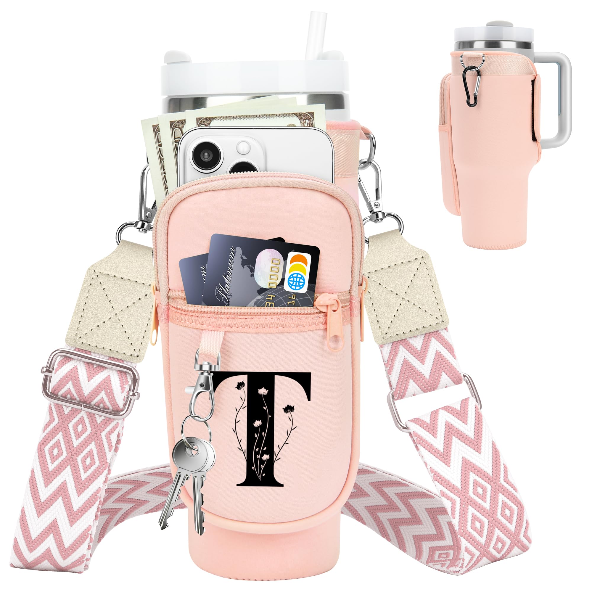Initial Water Bottle Holder with Strap for Stanley Cup 40 oz Tumbler