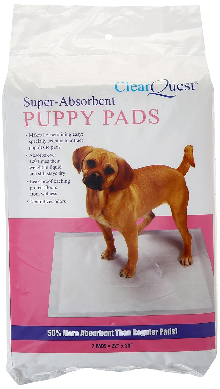 ClearQuest SuperAbsorbency Puppy Pads, 7, 14, 30, and 100Count Bag, AntiMicrobial, Hold Five