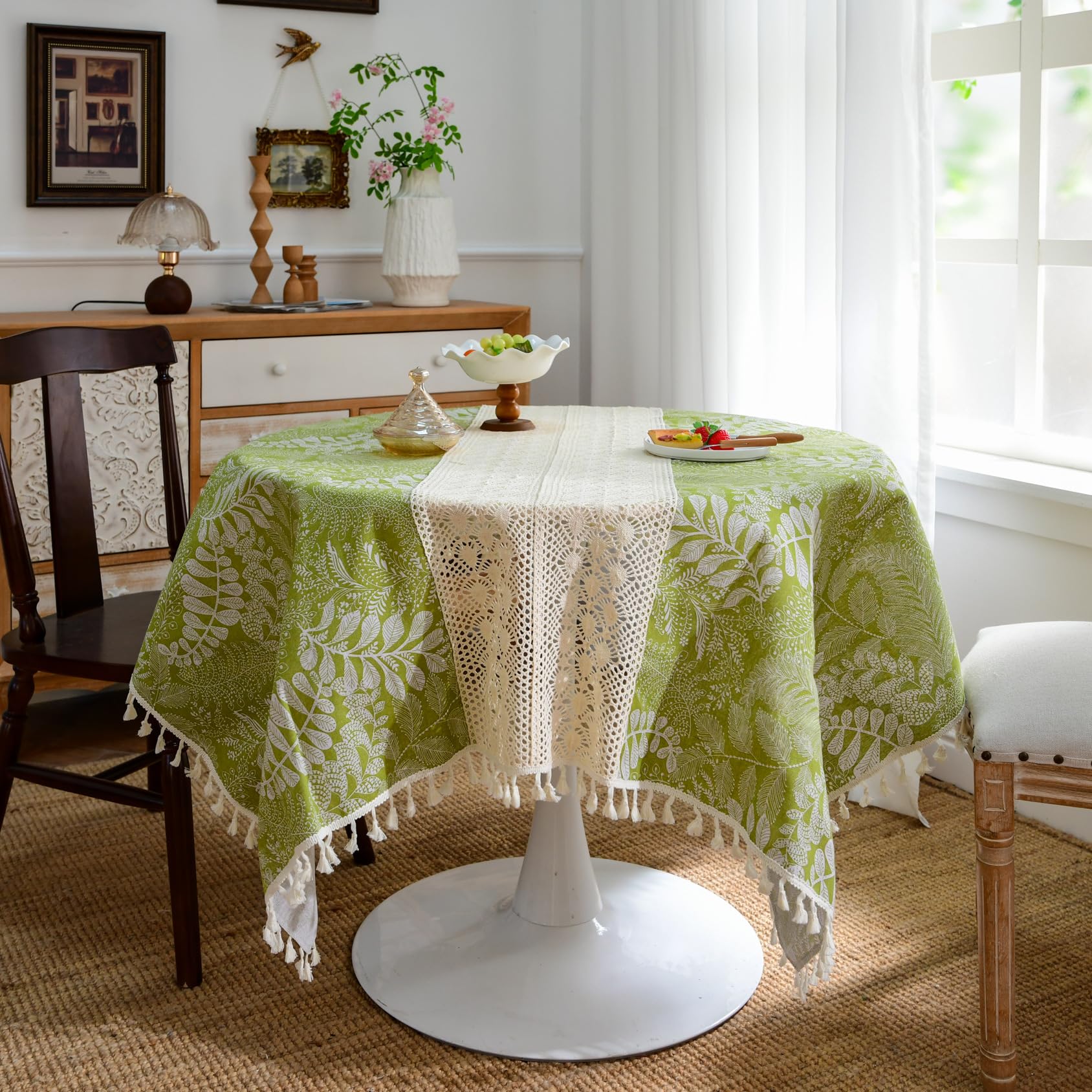 Plancholo Green Leaves Tablecloth Cotton Linen Printed Table Cloth Decorative Tassel Table Cover for Kitchen Dining (Square, 55 x 55 Inch)