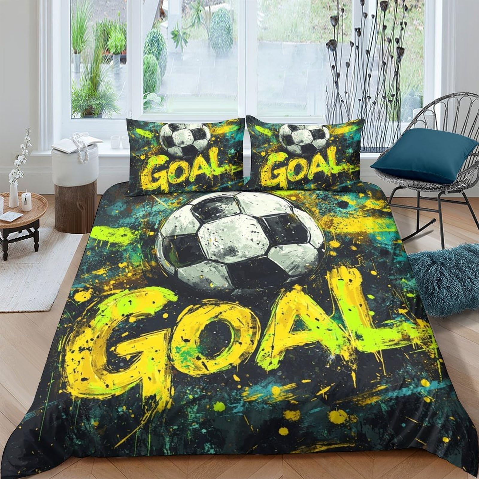 Ctjqhvkz Style-5 3D Printed Soccer Football Fitted Sheet Microfiber Black Yellow Graffiti Goal Bed Cover For Bedroom Guestroom Mattress Decor Single（135X200cm）