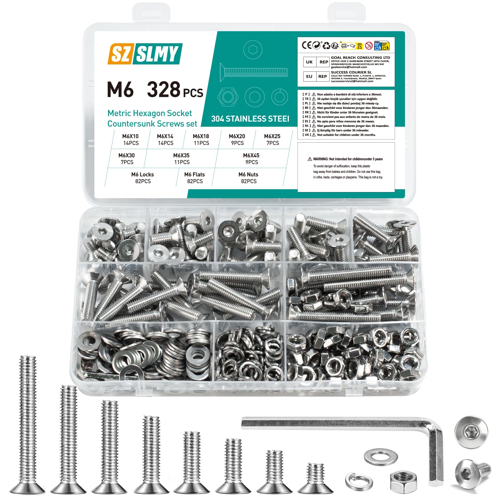 328 Pcs M6 Countersunk Bolts and Nuts Sets, Flat Head Hex Socket Head Cap Screws Assortment Kit, Stainless Steel Countersunk Machine Screws Assorted Nuts and Bolts with Washers