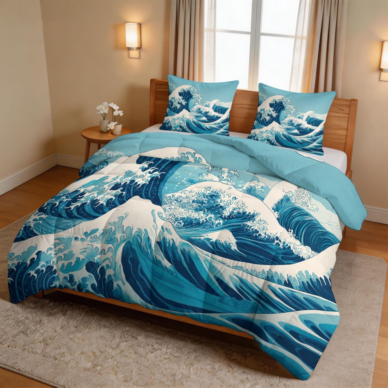 Generisch Japońska kołdra Ukiyo-e 200 x 220 cm na 4 pory roku, fale oceaniczne, całoroczna kołdra - miękka kołdra pikowana bez poszewki, nadająca się do prania, niebieska pościel z 2 poszewkami na