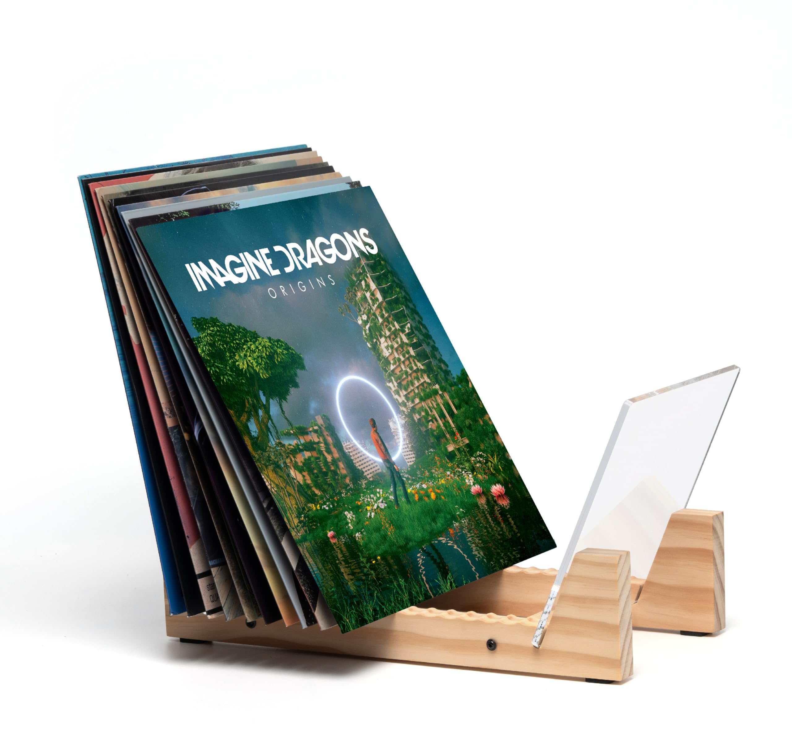 KAIU Vinyl Record Storage - Solid Wood with Crystal Clear Acrylic Holder - Premium Design, Perfect 12" LPs or 7" Singles Display Unit - Stores and Supports up to 50 Albums (Natural)