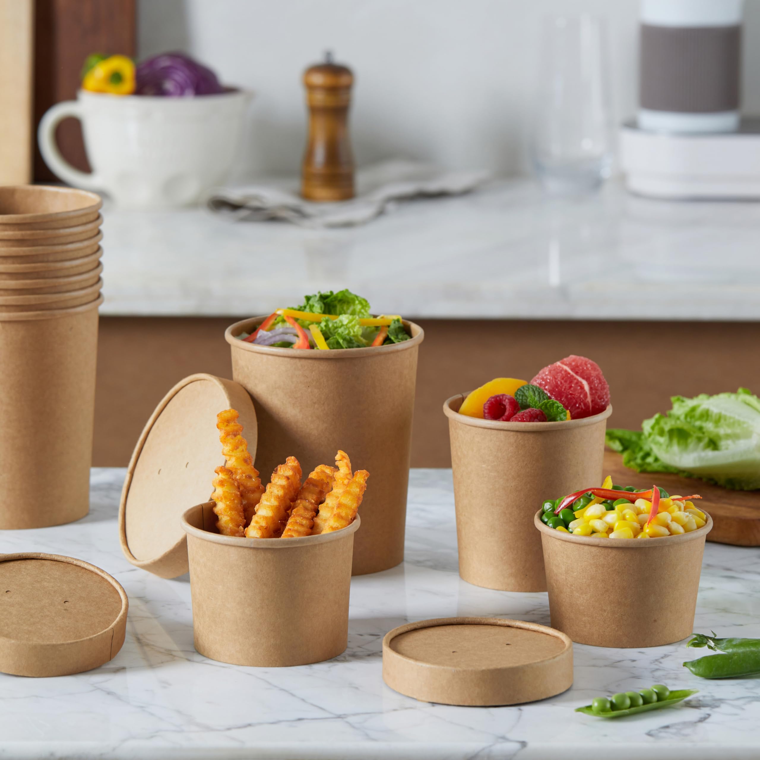 Bicchieri usa e getta in carta kraft con coperchi, contenitori per alimenti in carta, bicchieri per gelato, ciotole da asporto per cibi caldi e freddi, confezione combinata (250 set) (Kraft