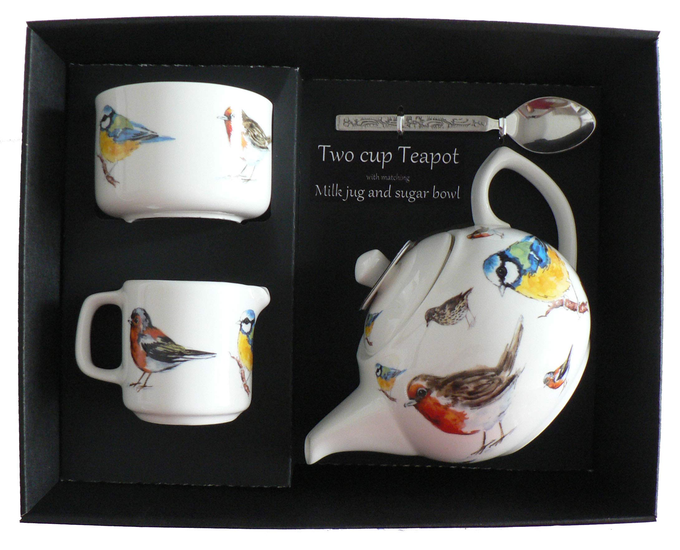 Garden Birds Teapot, Milk jug and sugar bowl in gift set - Porcelain teapot, with matching milk & sugar in gift boxed package