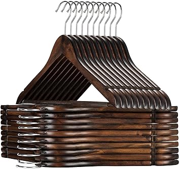 Golden Bird - Solid Wood Garments Hanger for Cloths with Non-Slip Bar - 360 Degree Swivel Hook & Precisely Cut Notches for Camisole, Jacket, Pant, Shirt & Dress Clothes Hangers (36, Brown)