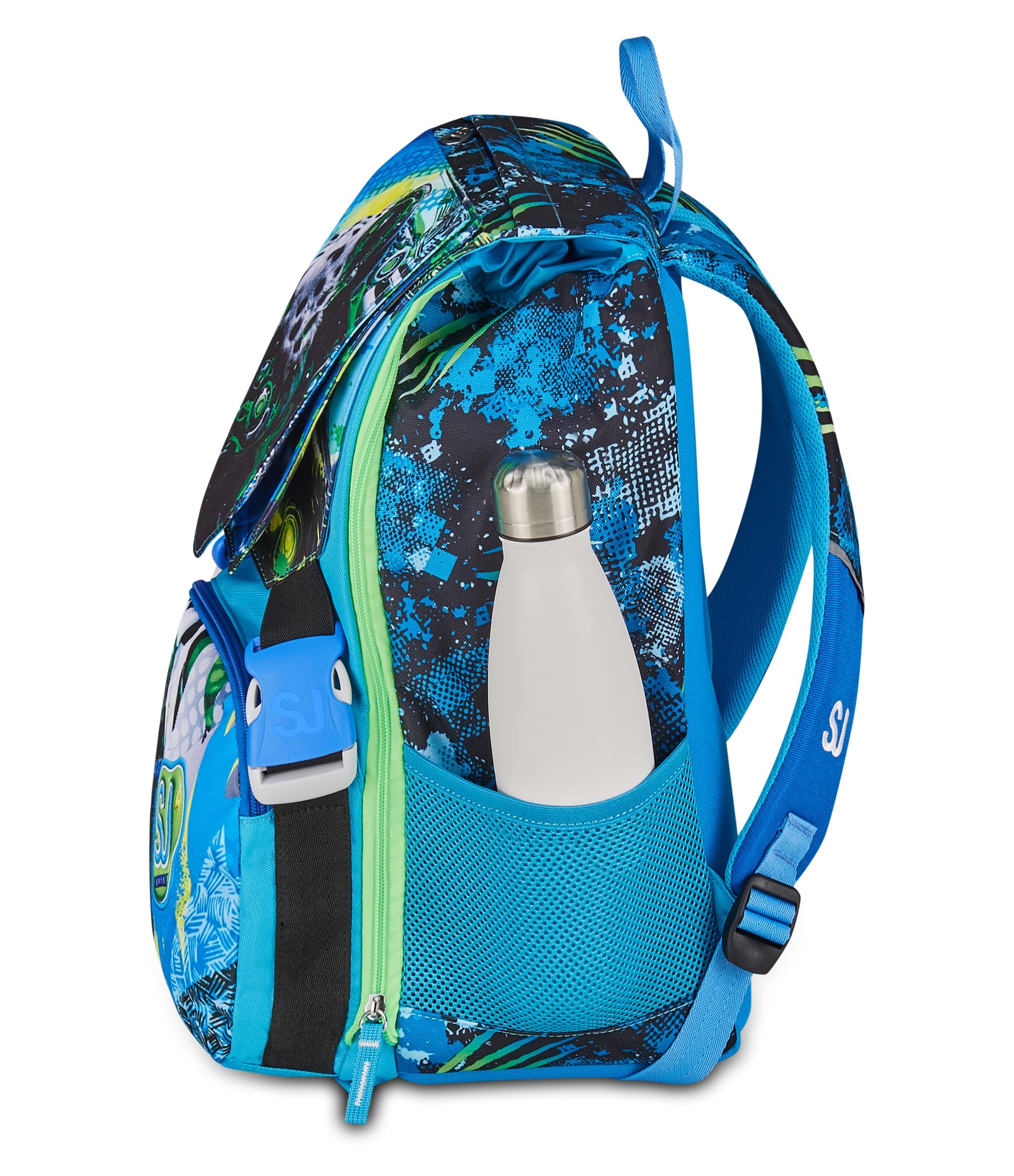 SJ GANG STYLE JAM GANG Zaino Estensibile, Volume Regolabile, Doppio Scomparto, Tasca Porta Borraccia, Scuola e Tempo Libero, Turchese Fluo, Bambini, blu