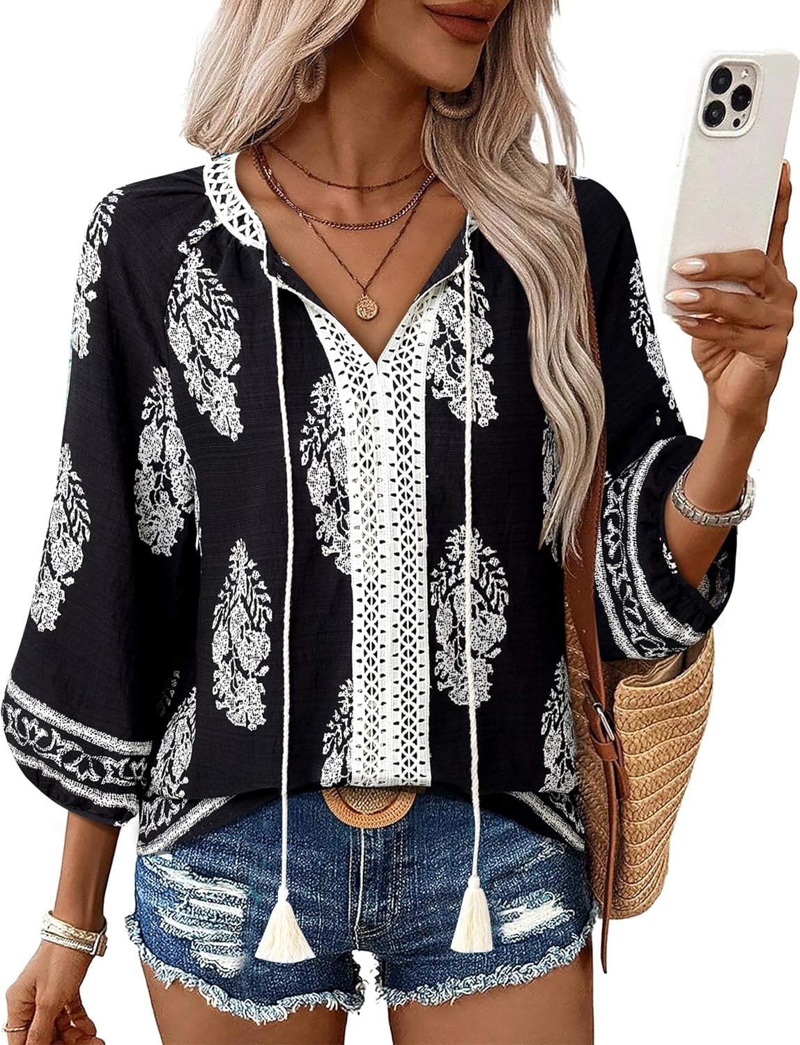 Gaharu Women's 3/4 Sleeve Boho Tops Casual V Neck Floral Print Loose Fit Blouses Tunic - Image 2