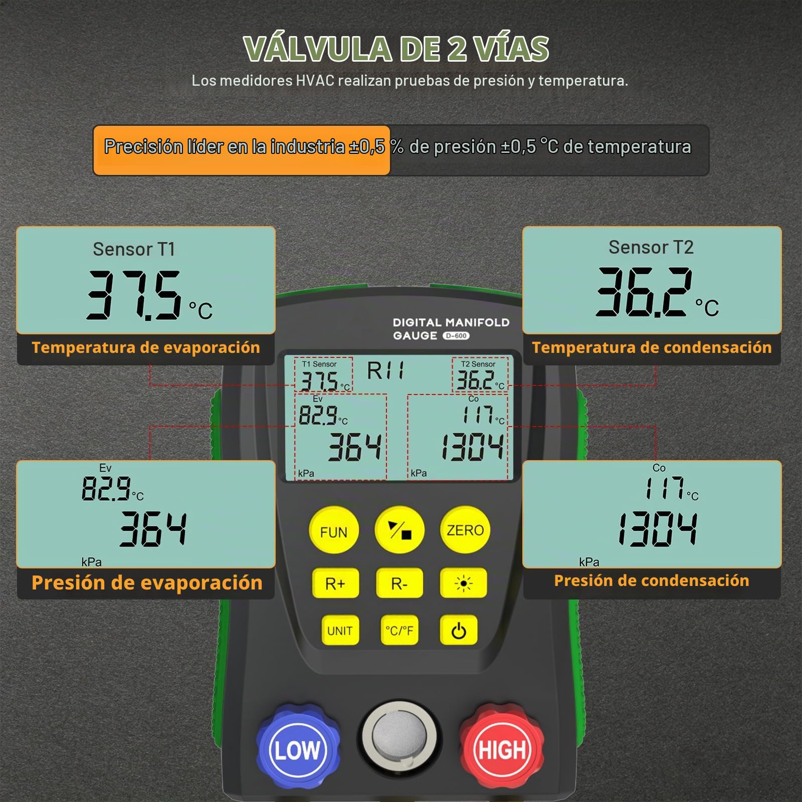 Manómetro digital HVAC medidor vacío temperatura refrigerantes | Compatible con 93 gases R32/R134a/R1234yf, doble lectura presión-temperatura, mangueras pinzas y maletín incluido