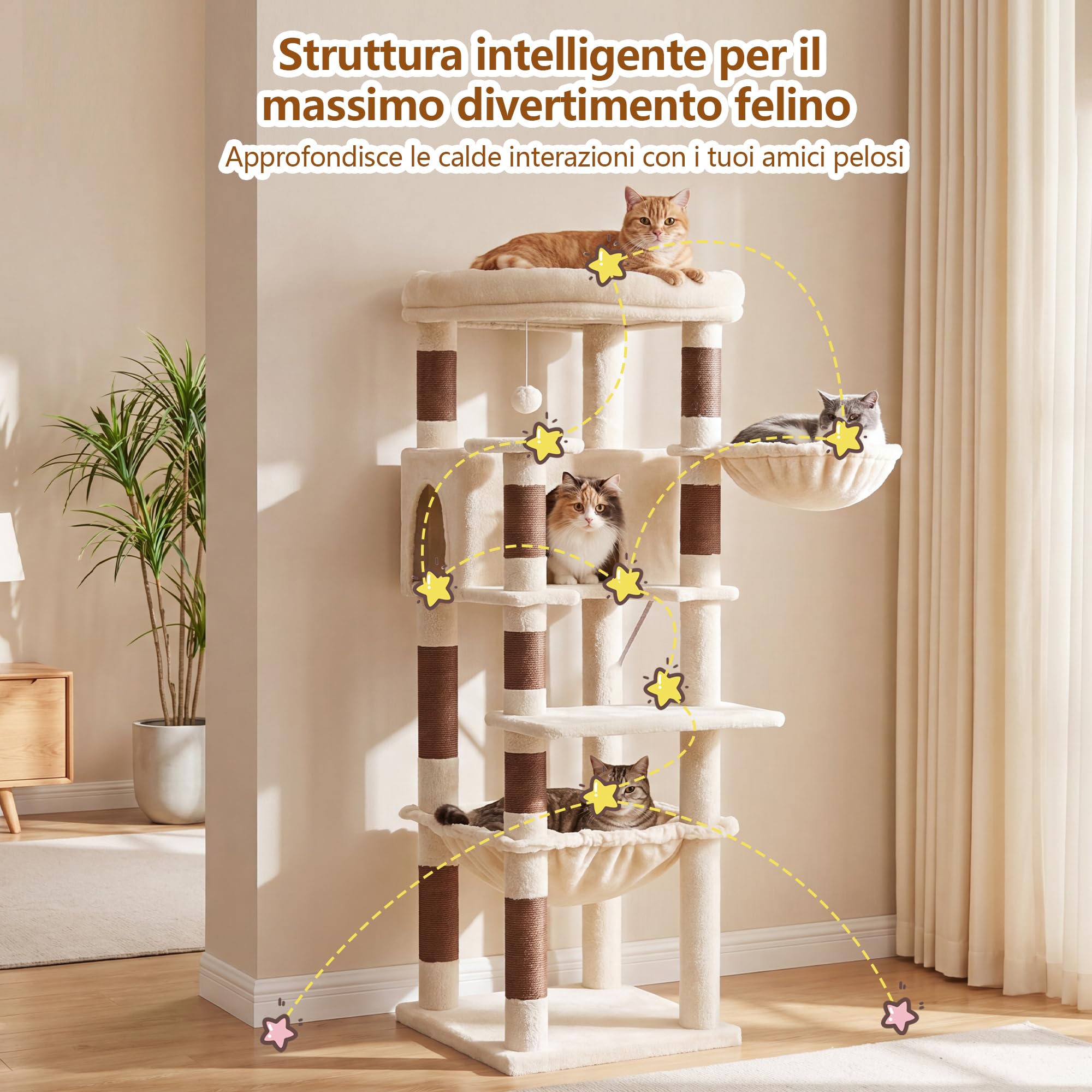 Heybly Albero Tiragraffi 135 cm, Torre Angolo Stabile Gatti Grandi HCT029MJ | Piattaforma A Ventaglio, Amaca Quadrata XL, Cesta Rotonda, Cuccia Peluche, Base 45 cm, Angolo Casa, Beige