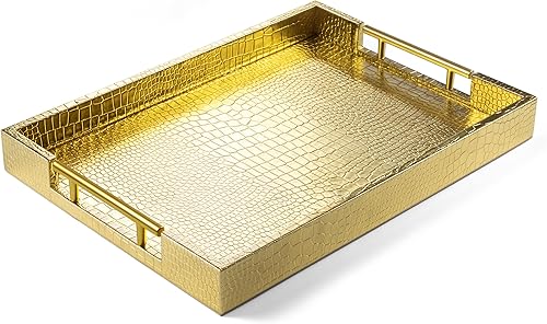 Bandeja de madera para servir de 17 x 12 pulgadas con asas de metal pulido dorado, rectangular de madera para decoración del hogar, bandeja de