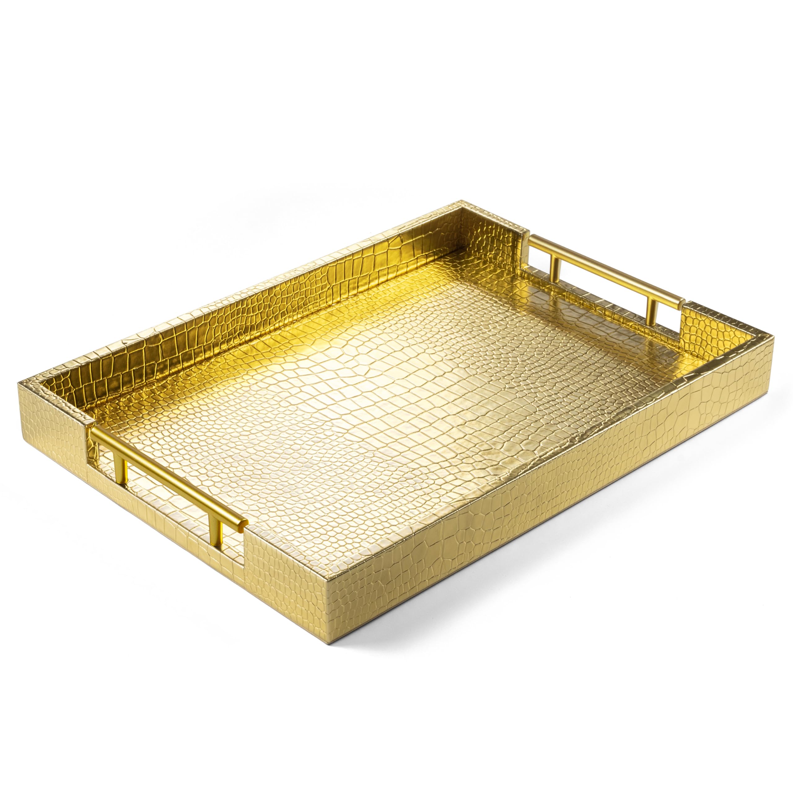 17" x 12" Wood Serving Tray with Gold Polished Metal Handles, Home Decorative Wooden Rectangle Ottoman Leather Decor Platter Bathroom Vanity Tray for All Occasions Alligator Gold