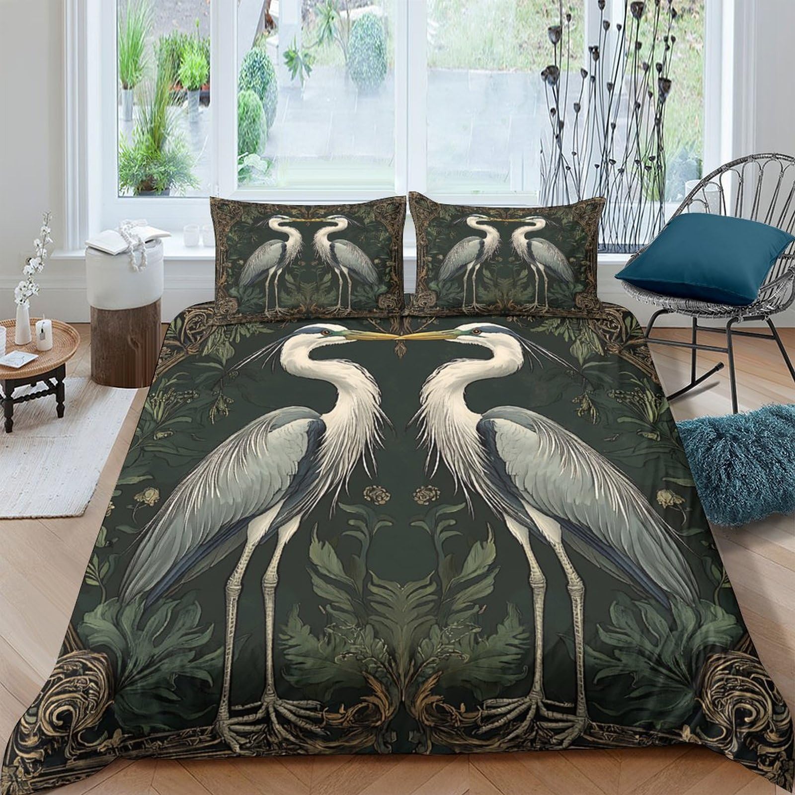 Ctjqhvkz Style-1 3D Printed Heron Forest Fitted Sheet Microfiber Soft Breathable Botanical Bed Cover For Bedroom Guest Room Mattress Decor Single（135X200cm）