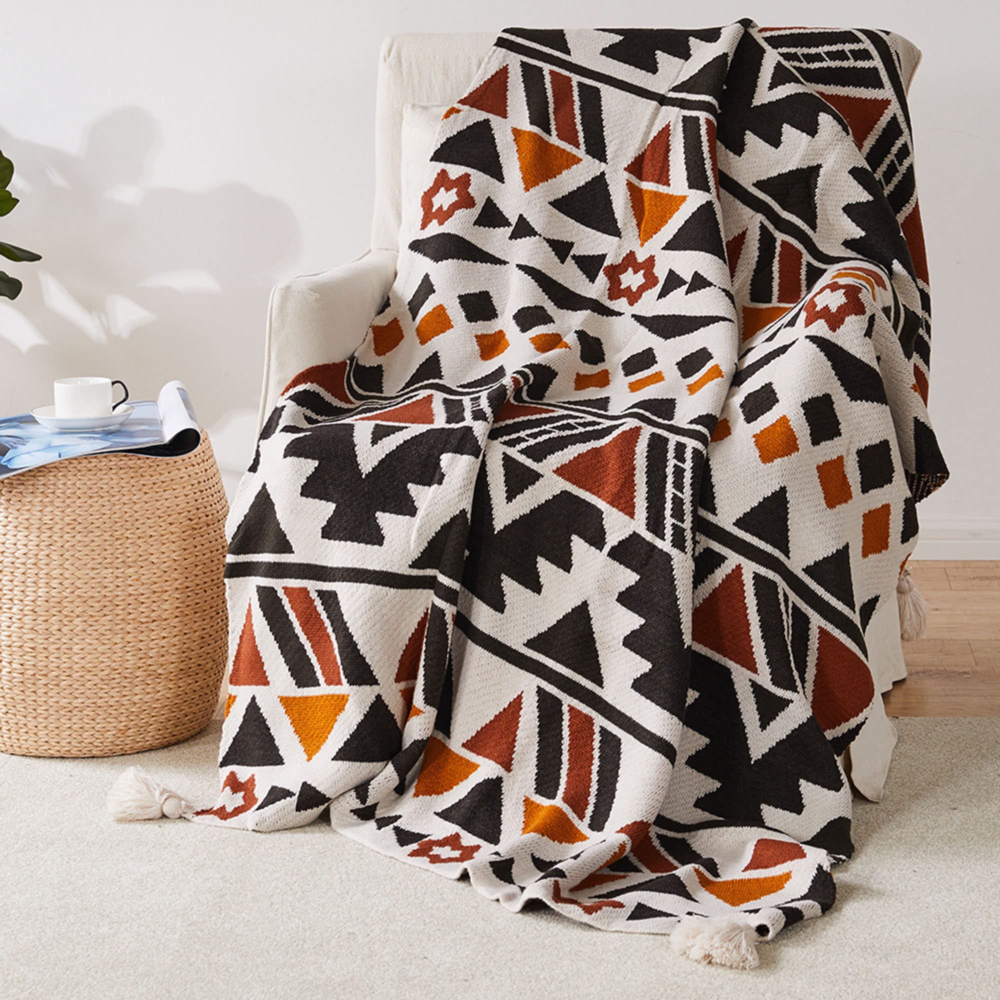 Coperta con frange a maglia, morbida e leggera, con nappe, decorativa, stile bohémien, calda coperta in acrilico per divano, divano, copriletto, divano, divano – (150 x 200 cm, stile 1)