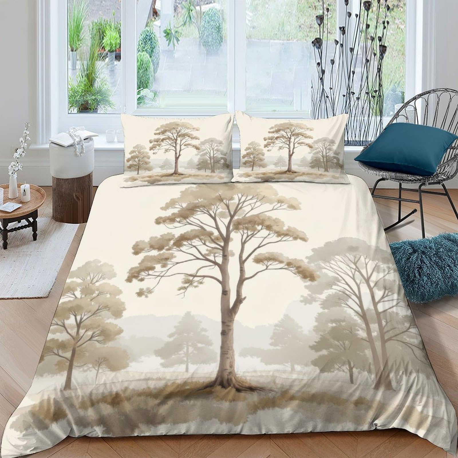 GPLZQXKJNH 3D Printed Forest Tree Duvet Cover Microfiber Soft Woodland Landscape Bedding Set with 2 Pillowcases for Bedroom Decor, Single（135x200cm）