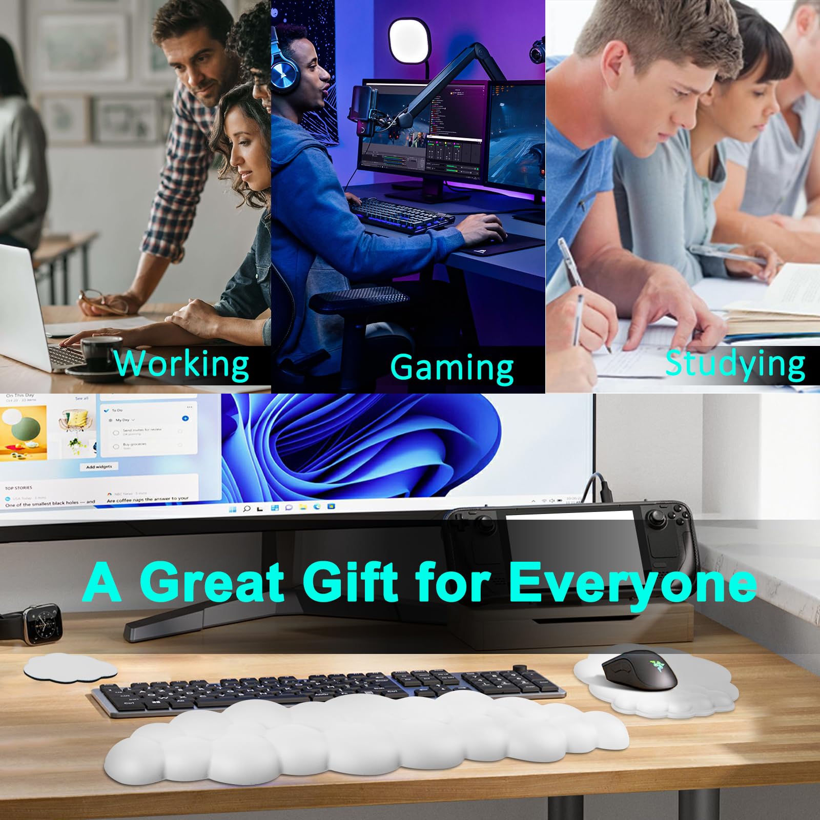 Cloud Keyboard and Mouse Wrist Rest Pad for Computer Arm Pain Relief- Ergonomic Wrist Support Mousepad with Non-Slip PU Base for Office, Gaming, and Home Use Anti-Fatigue(White)