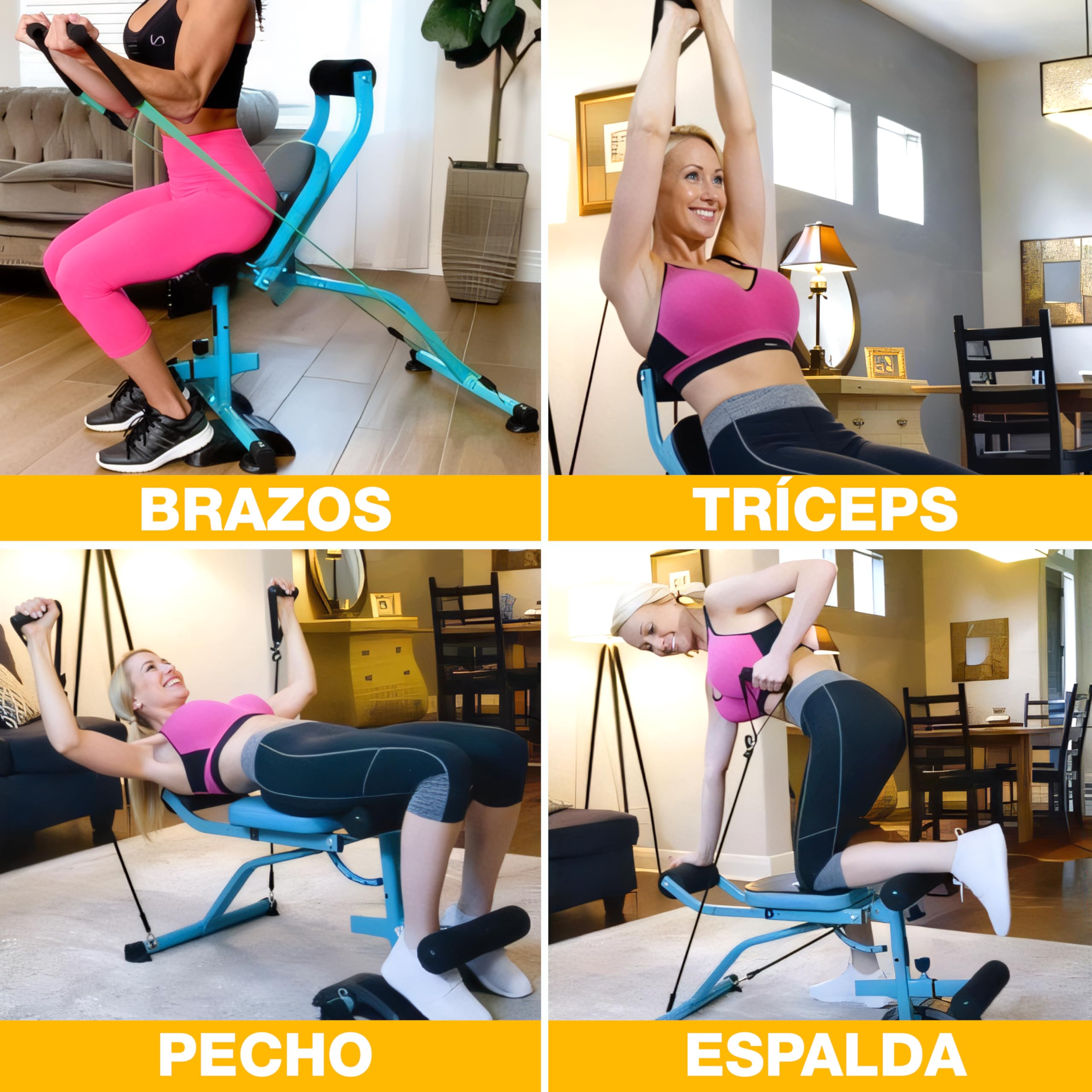 Banco Multiejercicio TOTAL 10. Entrena en casa todo el cuerpo y mejora tu postura con sólo 10 minutos al día. Sin impacto en articulaciones. Plegable, seguro, ajustable. Con 6 bandas de resistencia