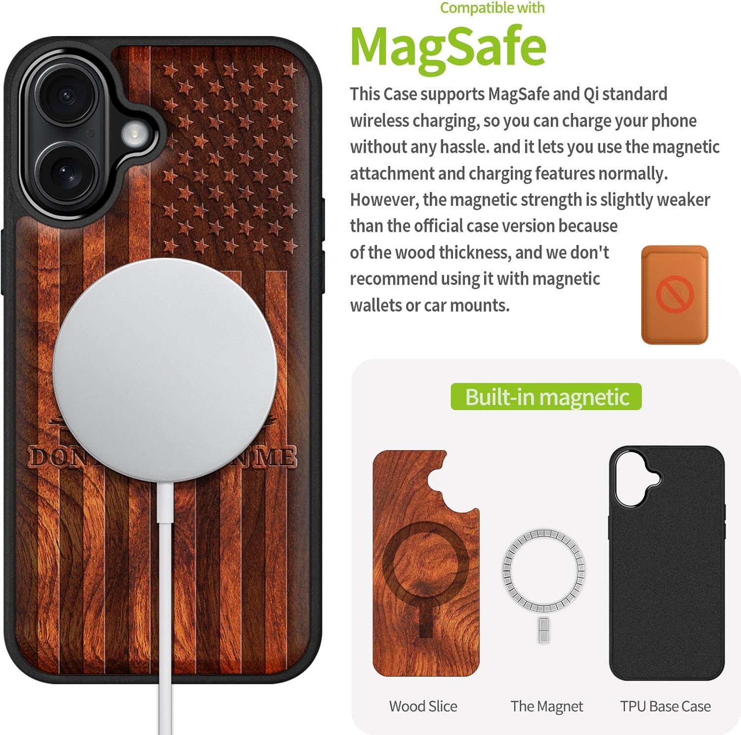 Carveit Magnetic Wooden Case for iPhone 16 Case, Wood Artisan Engraved & Black Soft TPU Shockproof Cover, Compatible with MagSafe Wireless Chargers (Gadsden and American Flag) Rosy - Image 5