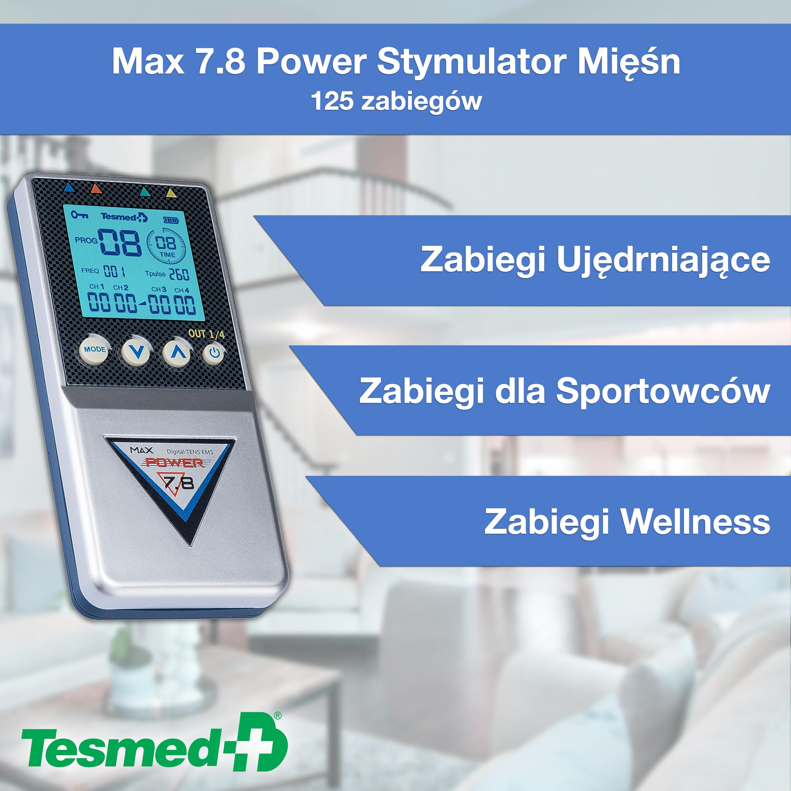 TESMED Max 7.8 TENS, EMS & Massage elektrostymulator, 4 kanały | Z 8 elektrodami do budowy mięśni i elektrostymulacji.