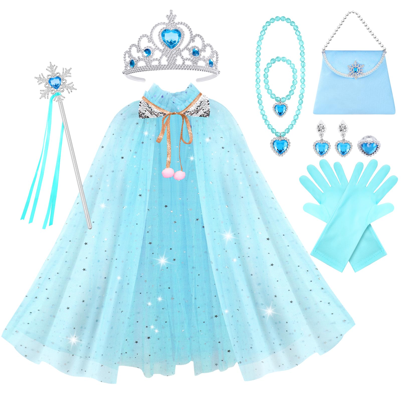 Vicloon 11PCS Princess Cape Set, Princess Dress Up Cloak With Crown, Wand, jewelry, and bag, Princess Dress Up Clothes for Little Girls, Princess Cape