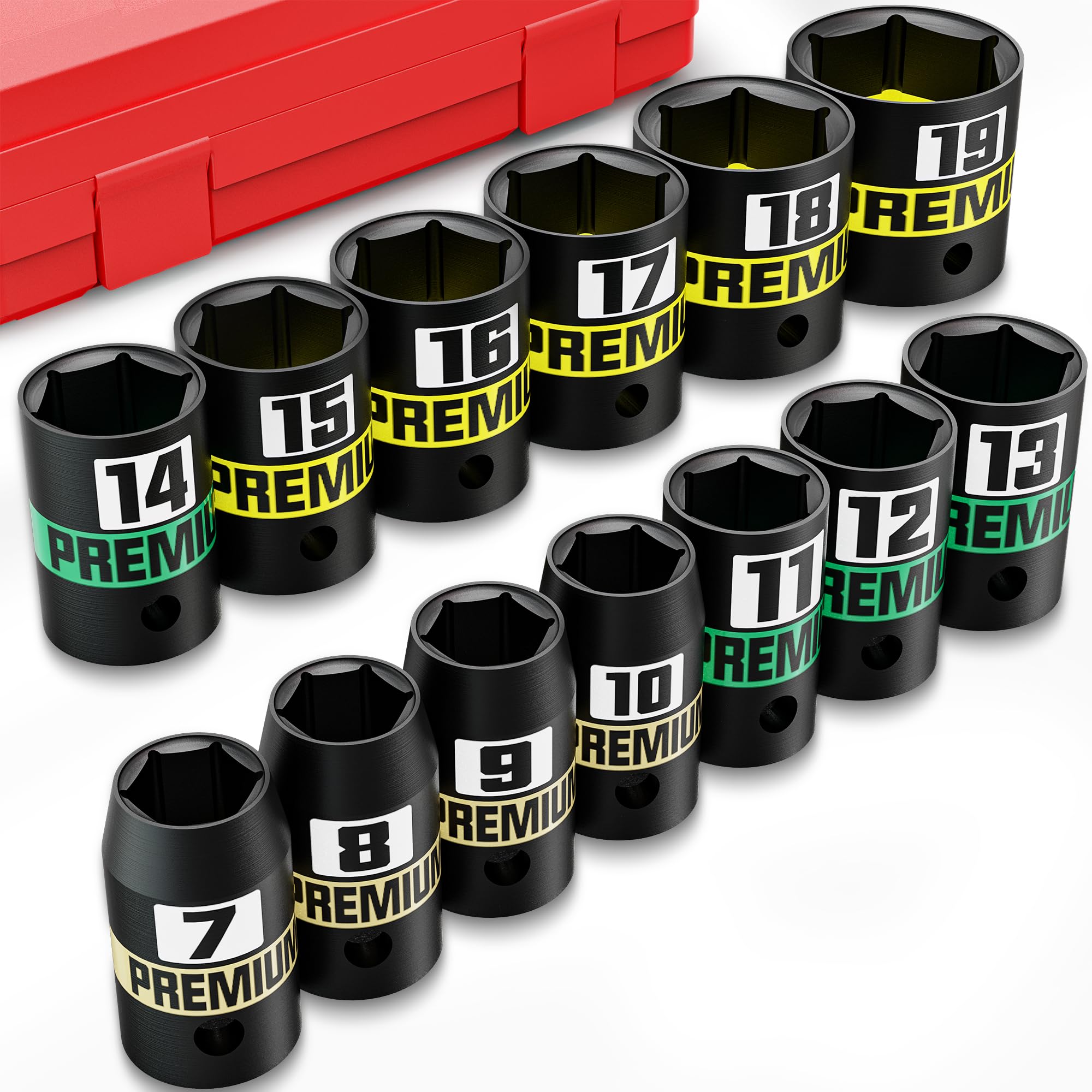 Aurlloct 3/8" Drive Impact Socket, 13Pcs Shallow Impact Socket Set, 7-19 mm Semi-Deep Sockets, Repair Automotive Truck Tractor Engine Maintenance