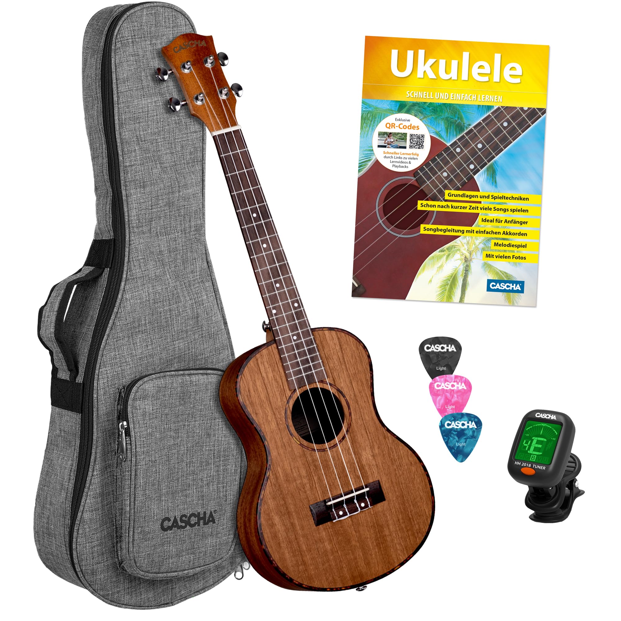 Cascha HH 2049 DE Ukelele Tenor, Caoba, Bundle con Curso de Ukelele en alemán, Afinador, Bolsa Acolchada, 3 Púas y Cuerdas de Aquila