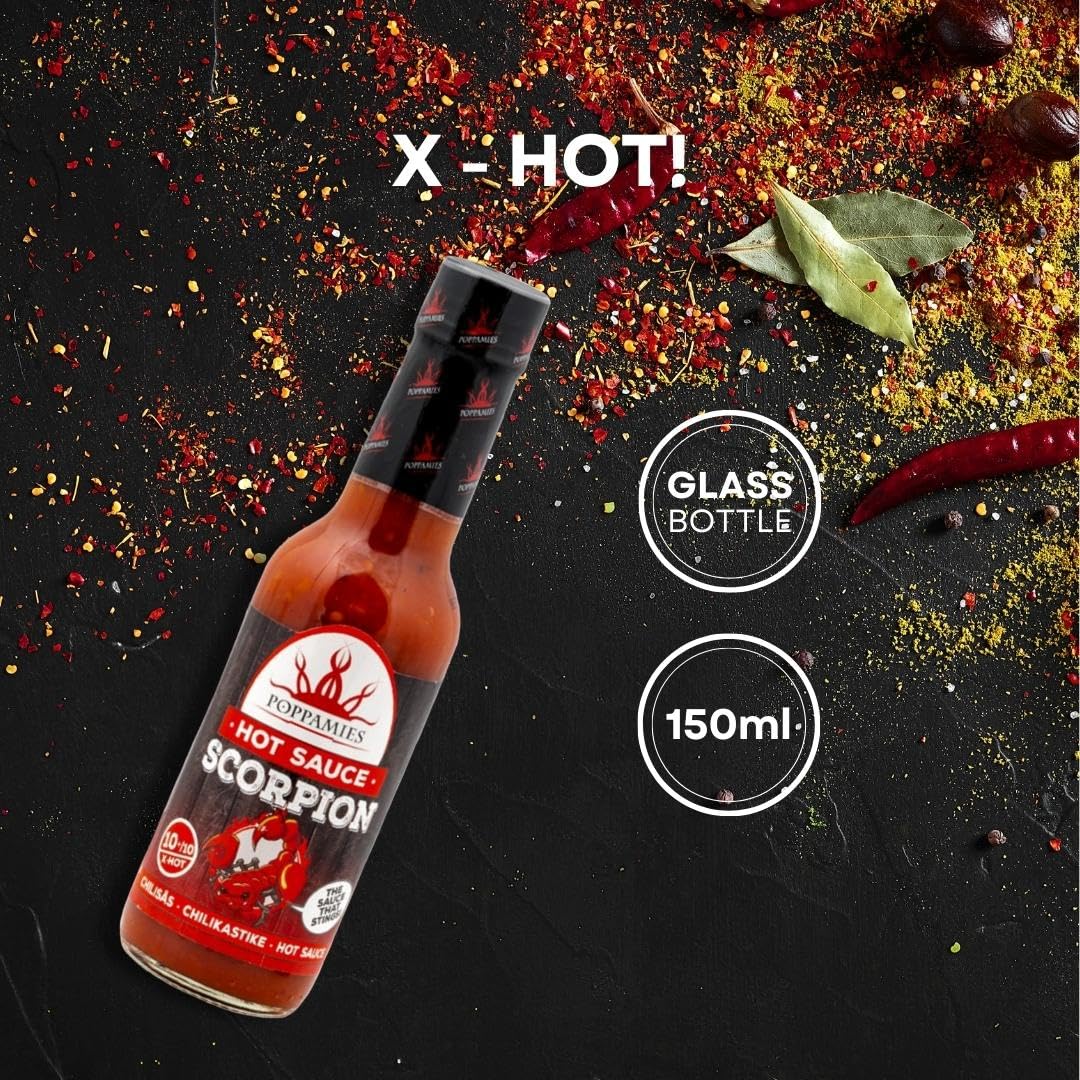 Poppamies Salsa picante Scorpion de Trinidad Chili - Extra Caliente 10+/10 - 150ml Sin Gluten Sin Lactosa Vegano