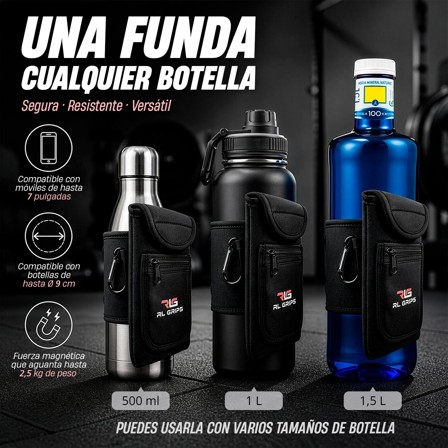 RL Grips Bolsa Magnética Gym para Botella y Móvil – Funda Magnética Gimnasio con Imanes Potentes