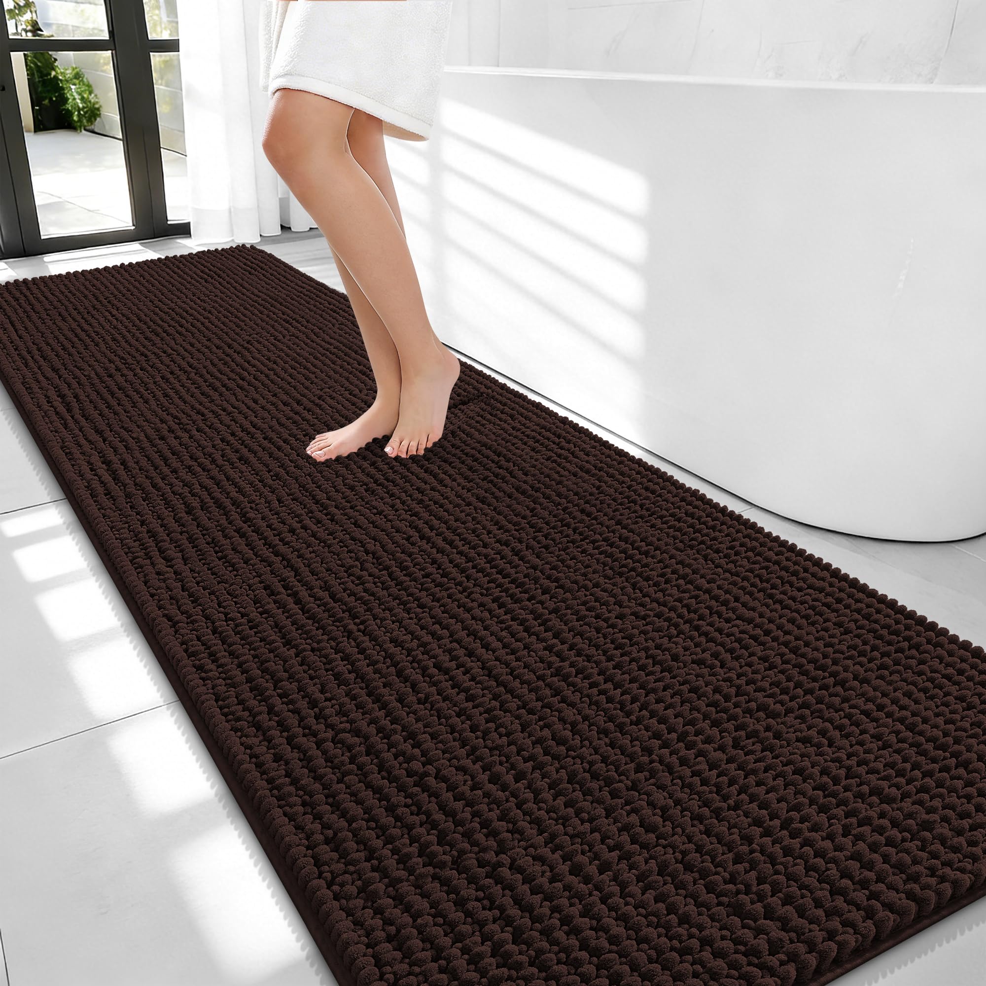 OLANLY Thick Chenille Bathroom Runner Rugs 70x24, Absorbent Bath Mat, Brown