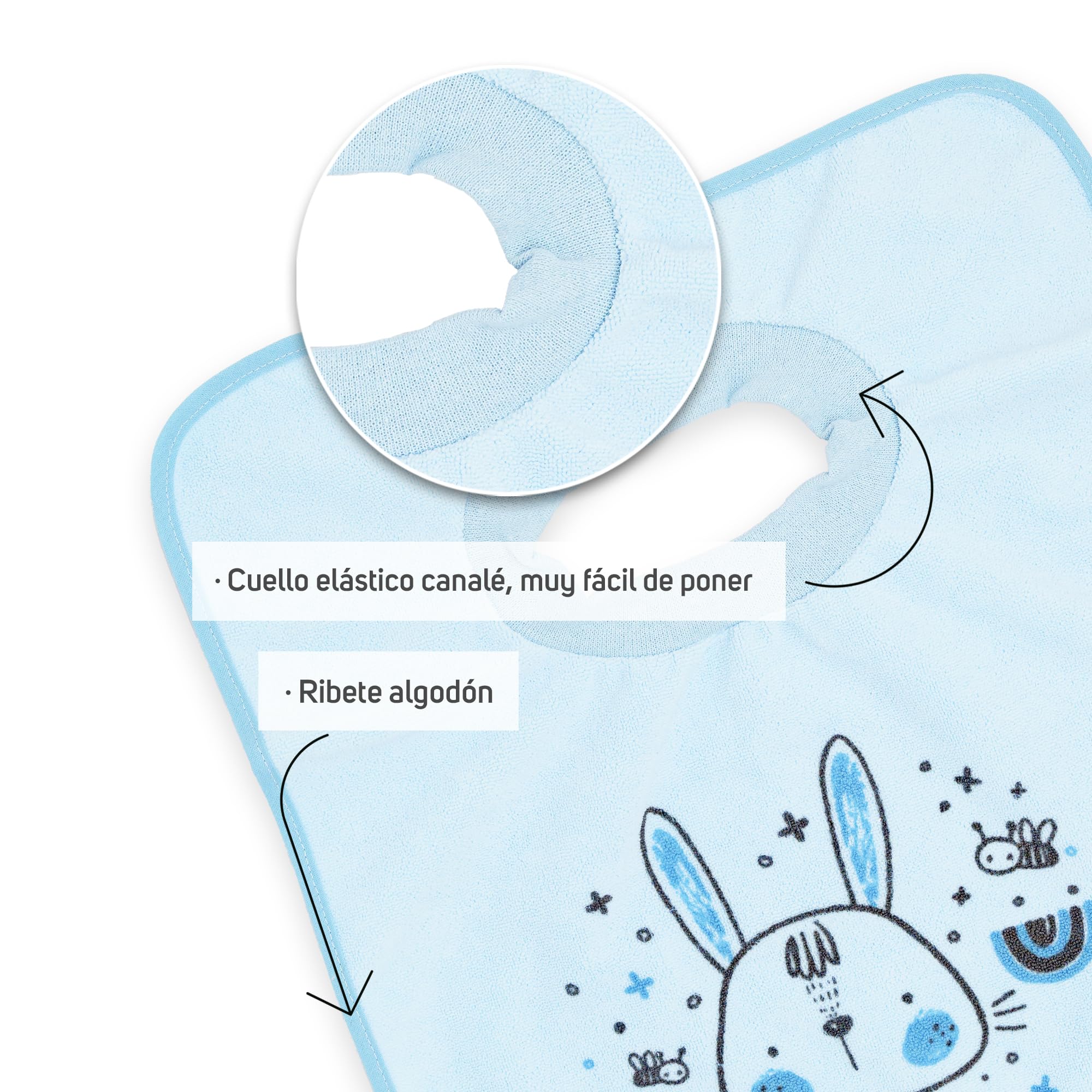 Ti TIN Pack de 4 Baberos Impermeables con Cuello Elástico - Extra Suaves y Absorbentes - Baberos con Forro Impermeable - Fácil de Lavar y Apto para Secadora - Para Bebés +12 Meses y Guardería
