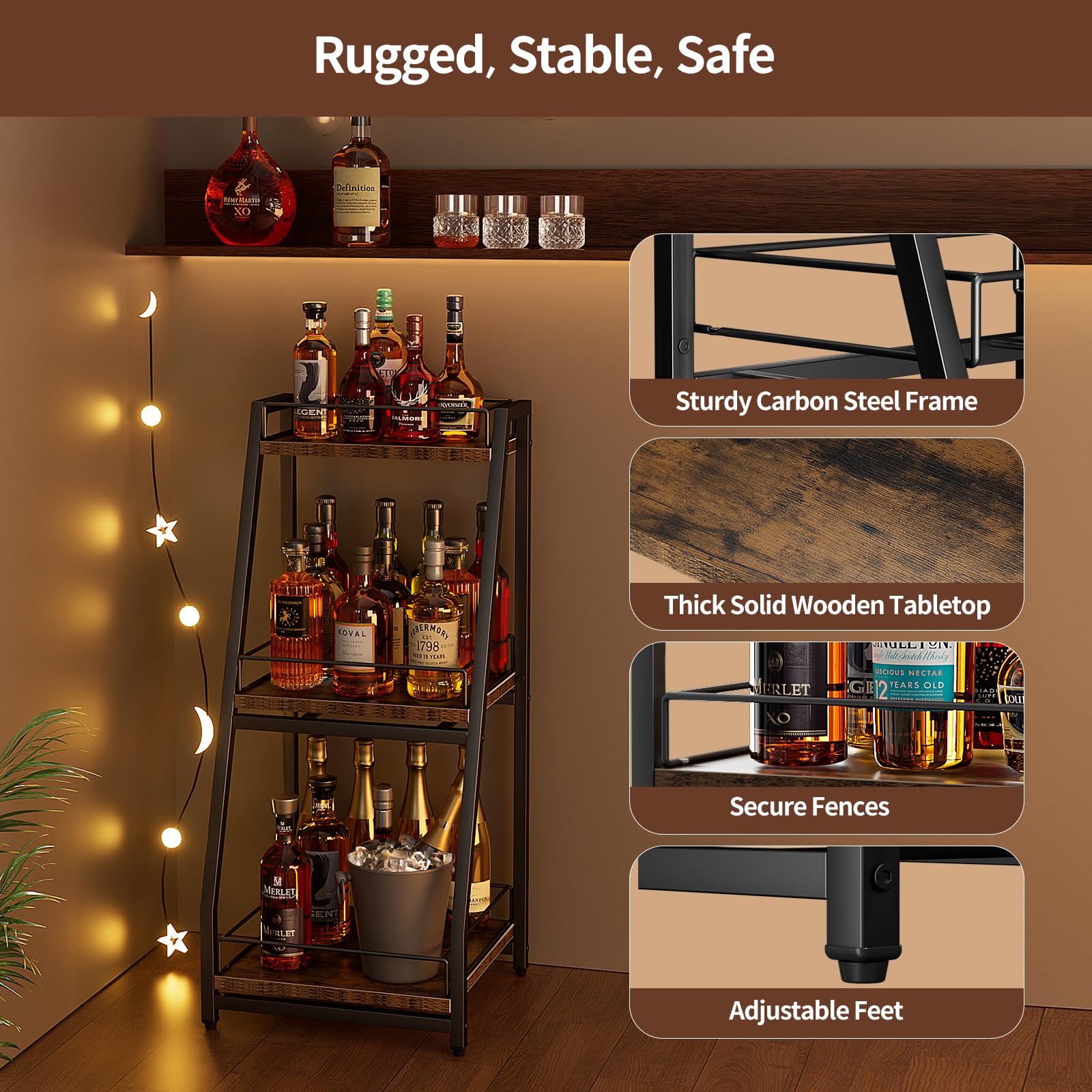 Nuovoware Mobile per Liquori 3 Livelli Mini Bar, Scaffale Vino Terra Whisky, Scaffale Angolare Bottiglie Liquore Recinzione Cassetto Scorrimento per Casa, Cucina, il soggiorno Sala da Pranzo, Nero