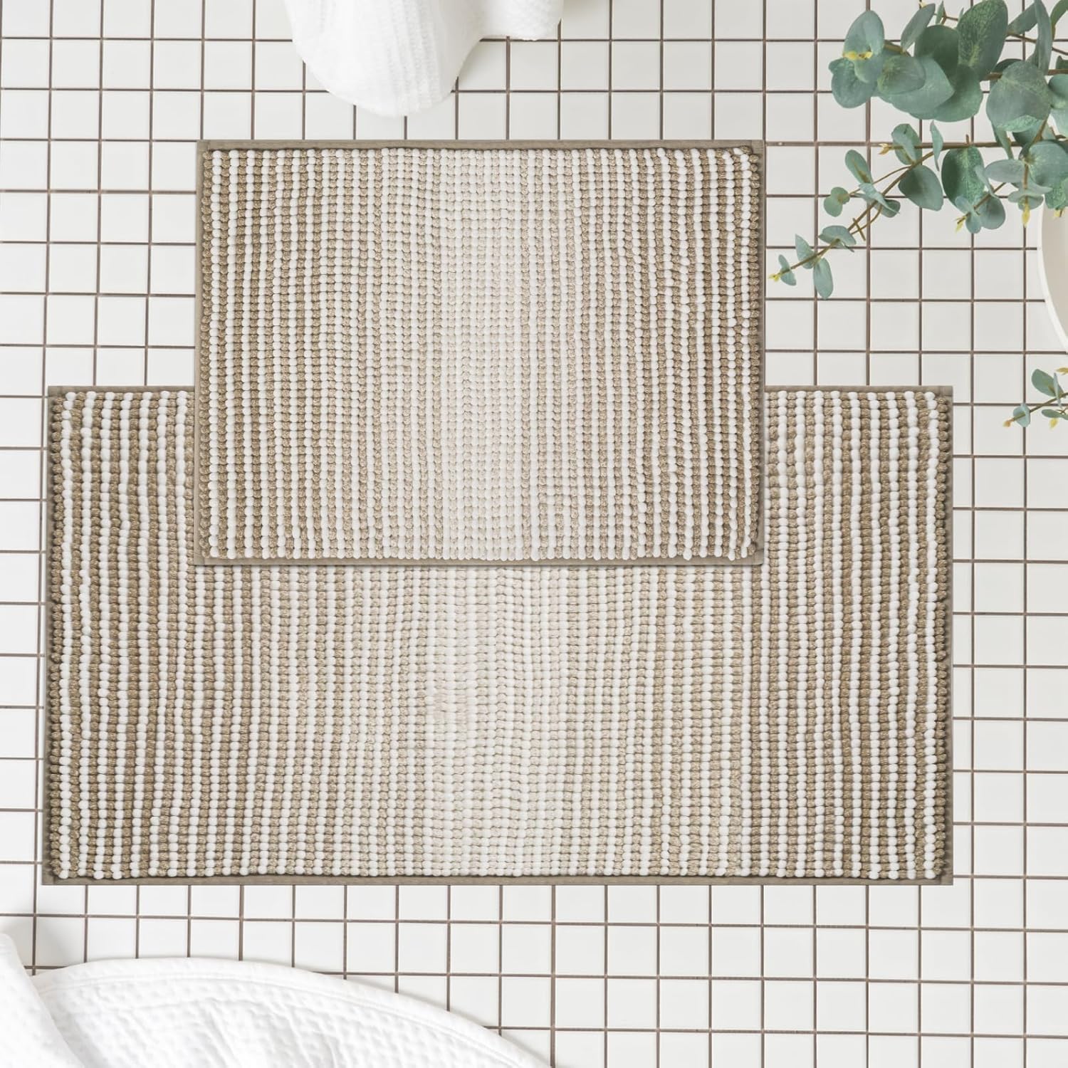 FRESHMINT Ombre Chenille Bathroom Rugs Sets 2 Piece 17″x24″+20″x32″, Non-Slip Bath Mats Set for Bathroom Floor, Bath Rugs Set of 2, Absorbent & Washable Room Shower Mat, Beige and White FRESHMINT Ombre Chenille Bathroom Rugs Sets 2 Piece 17″x24″+20″x32″, Non-Slip Bath Mats Set for Bathroom Floor, Bath Rugs Set of 2, Absorbent & Washable Room Shower Mat, Beige and White