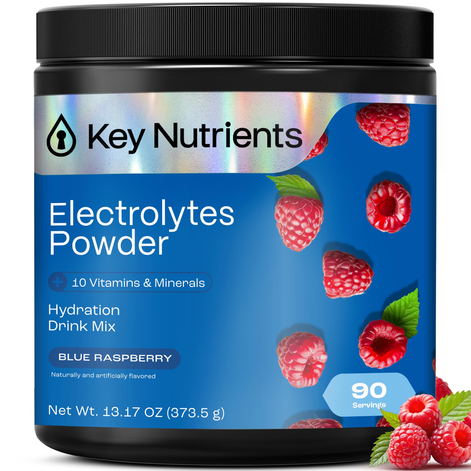KEY NUTRIENTS Multivitamin Electrolytes Powder No Sugar - Sweet Blue Raspberry Electrolyte Powder - Endurance & Energy Supplement - Hydration Powder - No Calories - 90 Servings - Made in USA
