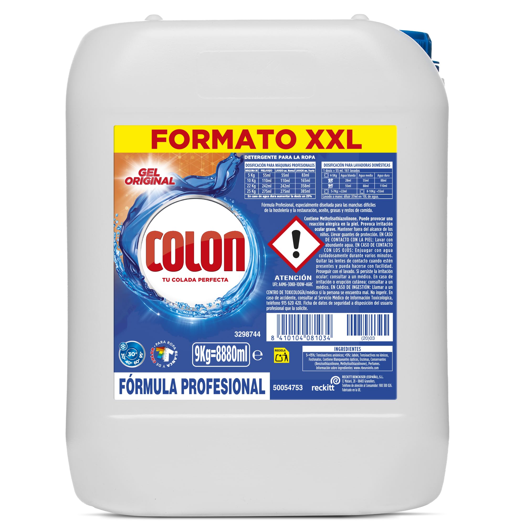 Colon - Detergente para lavadora profesional, adecuado para ropa blanca y de color, formato gel - 9 kg, 134 Dosis