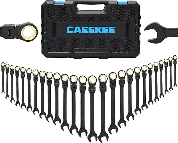 CaeeKee 26-Piece Flex-Head Ratcheting Wrench Set, SAE & Metric, 12 Point, 72-Tooth Ratchet, Chrome Vanadium Steel, With Organizer Box