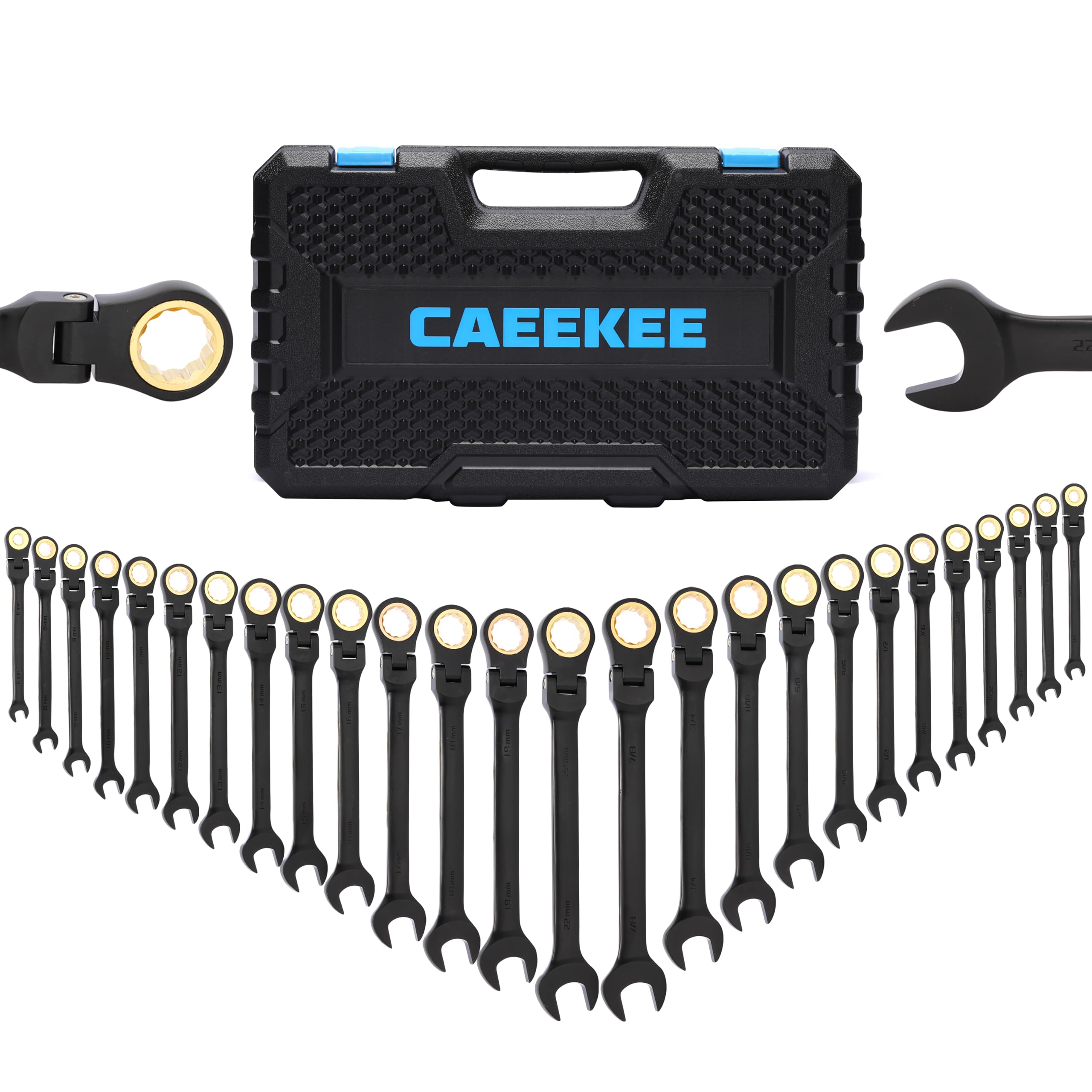 CaeeKee 26-Piece Flex-Head Ratcheting Wrench Set, SAE & Metric, 12 Point, 72-Tooth Ratchet, Chrome Vanadium Steel, With Organizer Box
